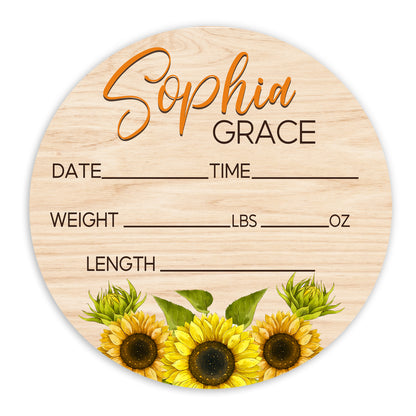 Baby Birth Stat Sign, Personalized Birth Announcement Sign, Printed Newborn Birth Stat, Name Announcement, Sunflower Name Announcement
