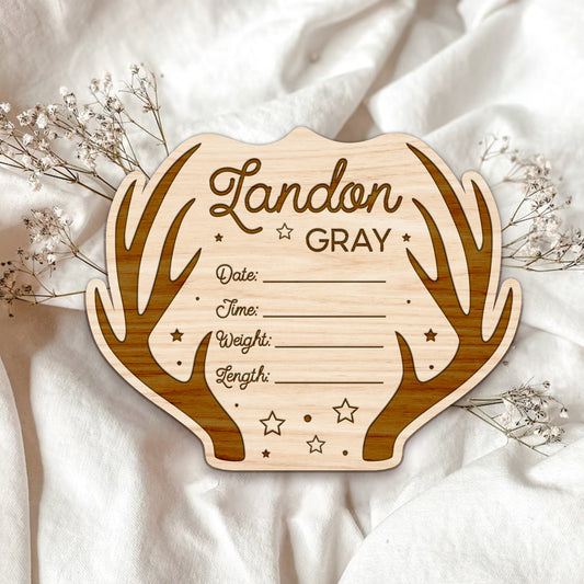 Custom Birth Announcement Sign, Wood Name Sign, Engraved Baby Name Sign, Newborn Photo Prop, Deer Nursery Decor, Birth Announcement