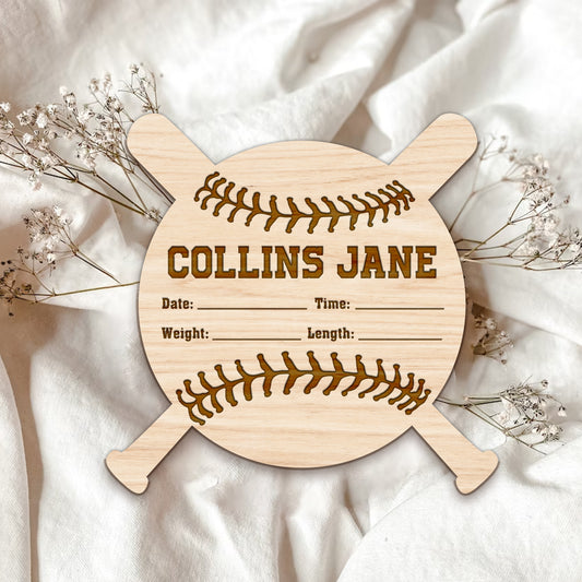 Custom Baby Name Baseball, Announcement Wood Sign Birth ,Announcement Newborn Photo Prop Engraved Baby Name Sign