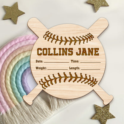Custom Baby Name Baseball, Announcement Wood Sign Birth ,Announcement Newborn Photo Prop Engraved Baby Name Sign, Baby Birth Stat Sign