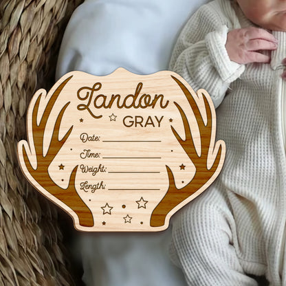 Custom Birth Announcement Sign, Wood Name Sign, Engraved Baby Name Sign, Newborn Photo Prop, Deer Nursery Decor, Birth Announcement, Baby Birth Stat Sign